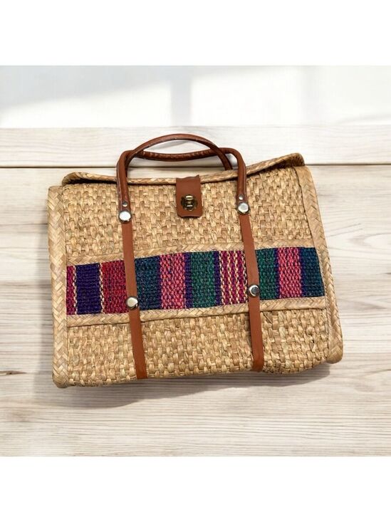 Unbranded Handbags - Women's Vintage 1970s Woven Straw Tote Bag Embroidered